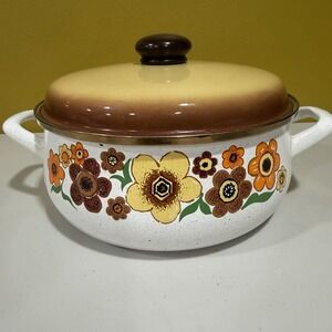VTG SEARS *Harvest Blossom* Enamelware Large 10" Dia. Stock Pot Dutch Oven w/Lid